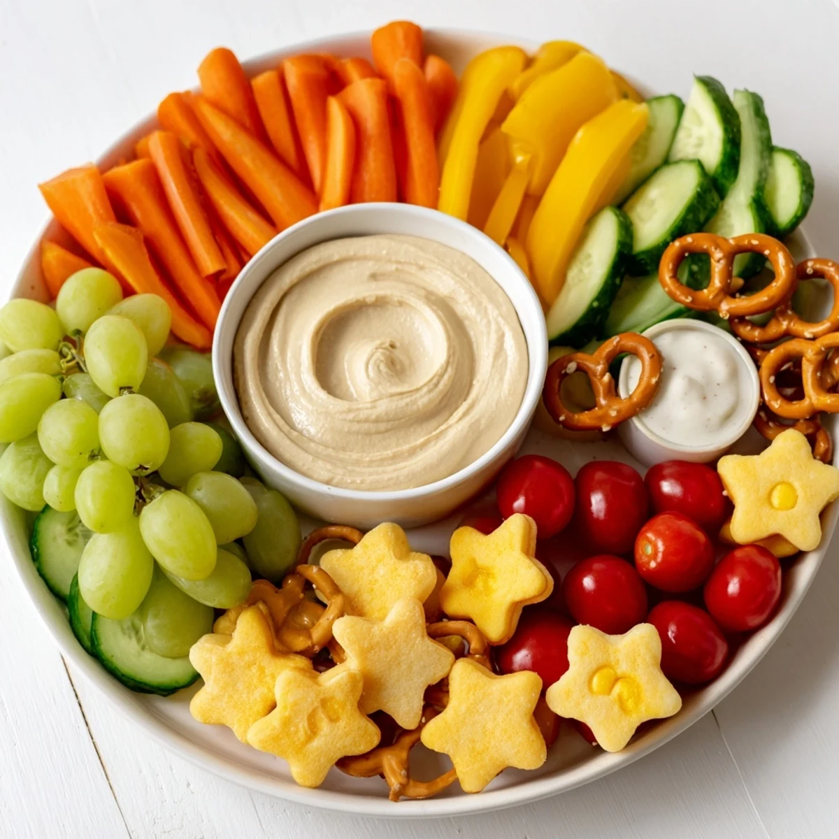 Kids' Snack Adventure Map: A colorful platter with pretzel paths leading to dips, and cheese shapes.
