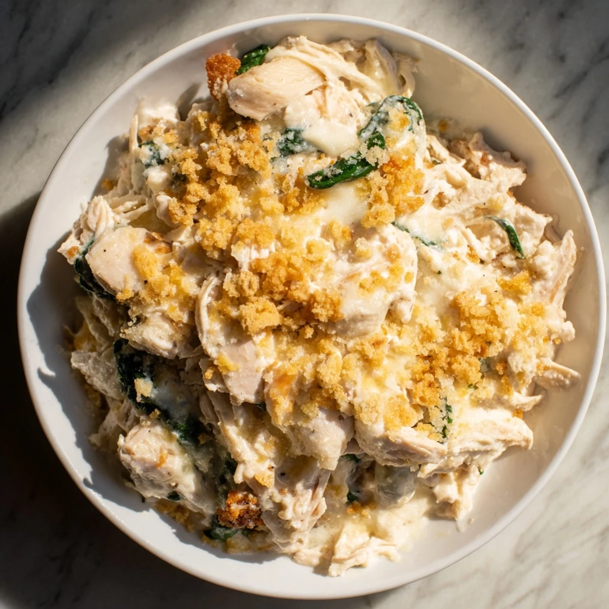 Golden, bubbly Marry Me Chicken Casserole with Ritz cracker topping, creamy sauce, and chicken.