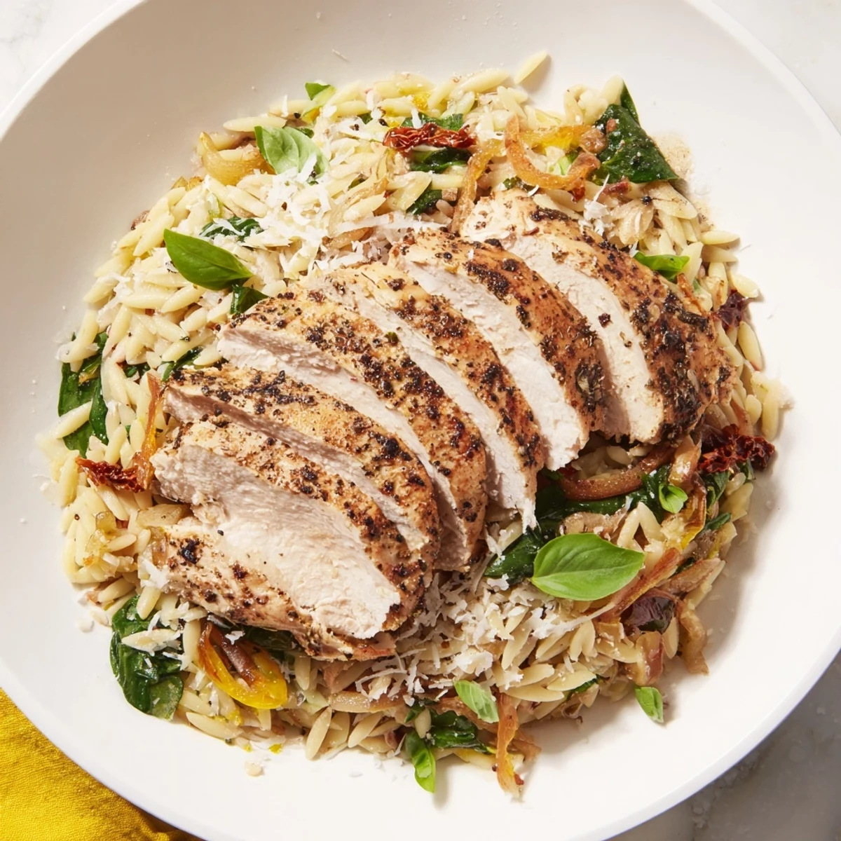 Golden-brown chicken breasts nestled in a one-pot Marry Me Chicken Orzo with Parmesan and creamy sauce.