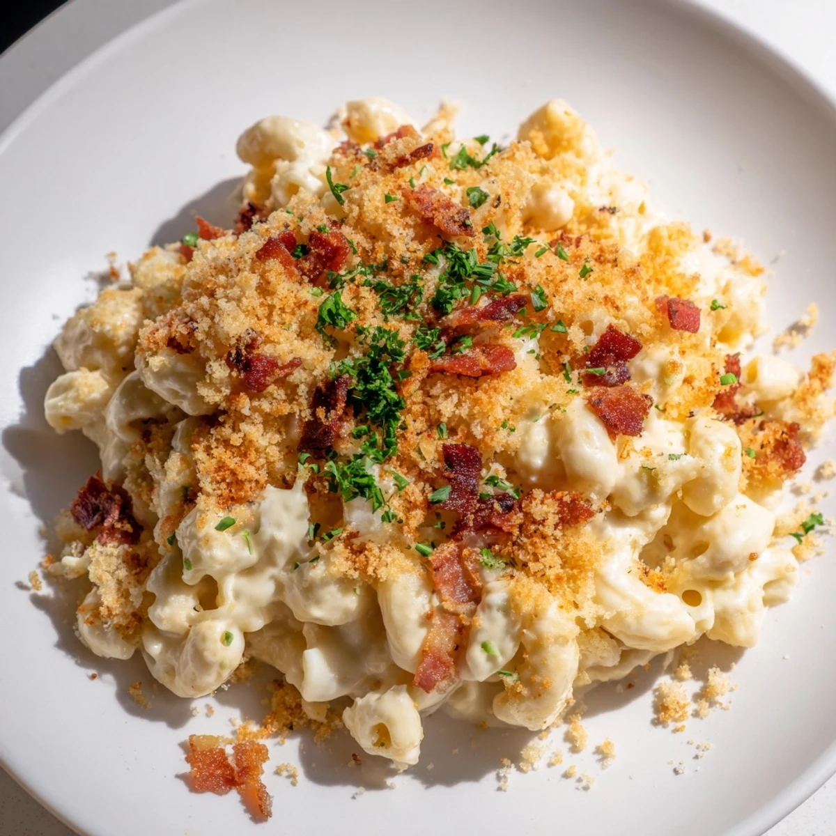 Golden, bubbly Tinis Mac and Cheese with bacon, showcasing the crispy bacon topping and creamy cheese sauce's richness.