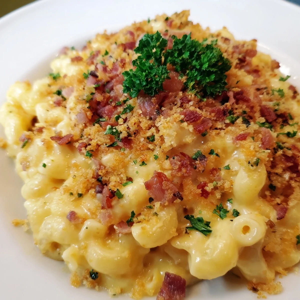 A close-up shot of Tinis Mac and Cheese with bacon, highlighting the textural contrast with crispy crumbled bacon.