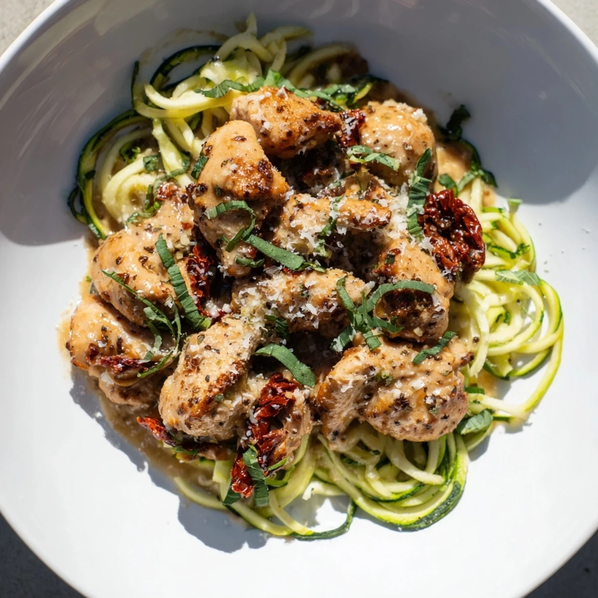 Marry Me Chicken Zoodles: Tender chicken with rich sun-dried tomato sauce over vibrant zucchini noodles.