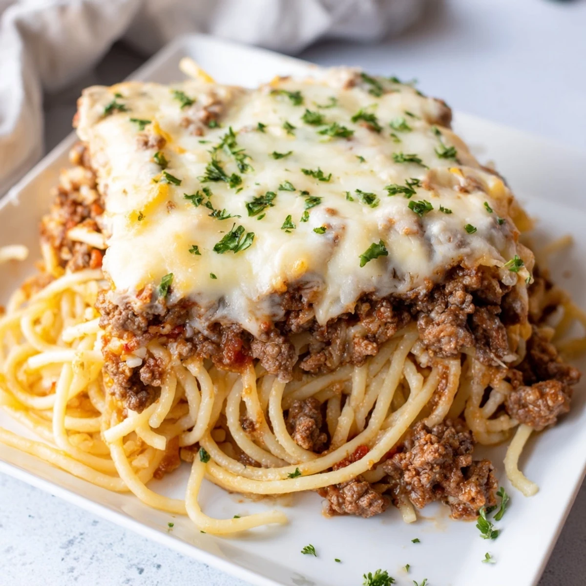 Tinis Baked Spaghetti bubbling in a baking dish, with a golden brown cheese topping, ready to serve.