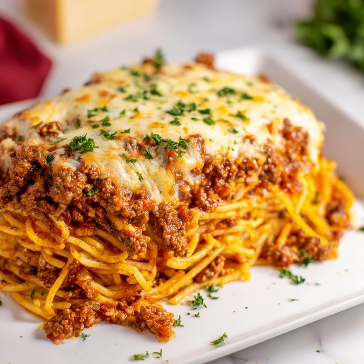 Enjoy a hearty casserole of Tinis Baked Spaghetti, a family favorite with layers of flavorful Italian goodness.