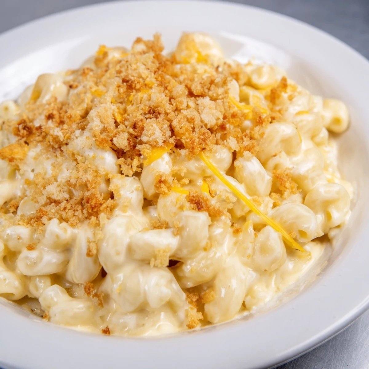 A close-up of creamy Tinis Recession Mac, showcasing the melted cheese and perfectly cooked macaroni noodles.