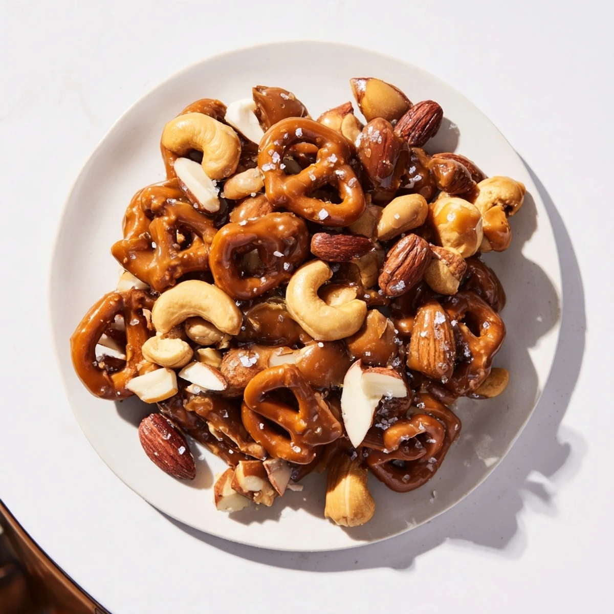 Golden-brown salted caramel pretzels and nuts, a sweet and salty homemade snack, ready to enjoy.