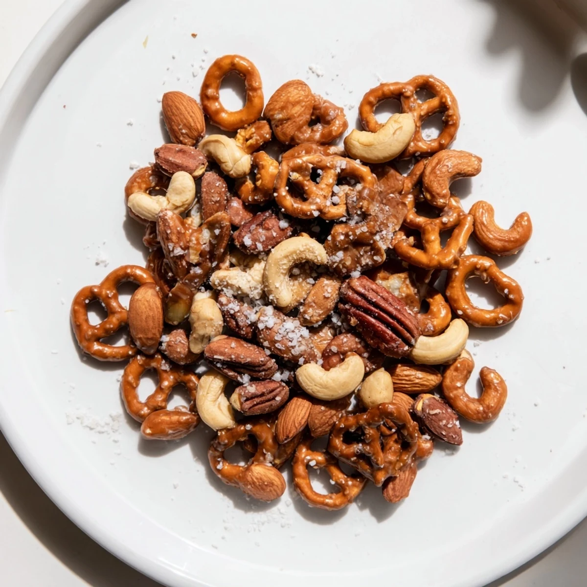 Crunchy salted caramel pretzels and nuts, baked to perfection and sprinkled with sea salt, delicious!