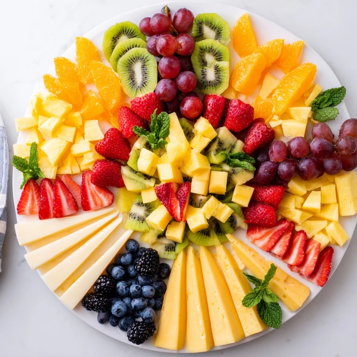 Vibrant Kaleidoscope Circle platter showcasing colorful fruit and cheese wedges, perfect appetizer.