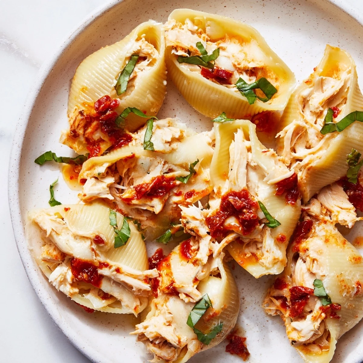 Marry Me Chicken Stuffed Shells, bubbling with cheese and rich sauce, ready to be served hot.