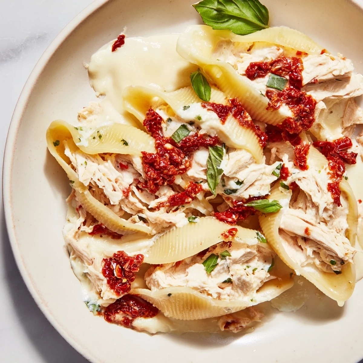 A close-up shot of the flavorful Marry Me Chicken Stuffed Shells, showing the cheesy, saucy details.