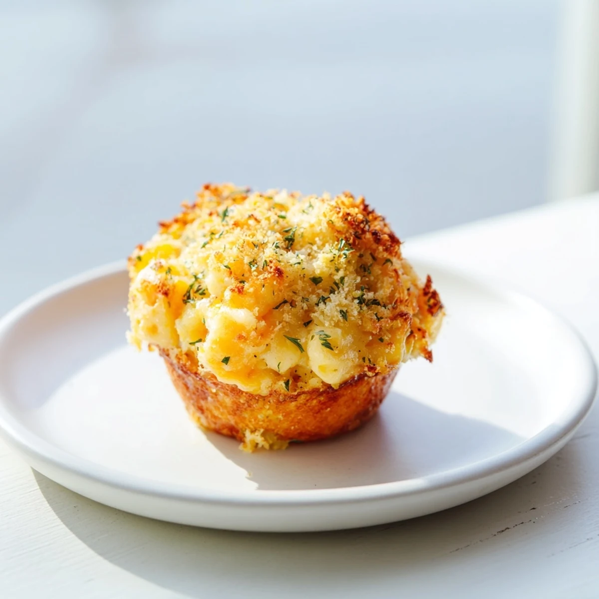 Golden-brown Tinis Mac and Cheese muffins sit ready, boasting a crispy breadcrumb topping and warm cheesy interior.