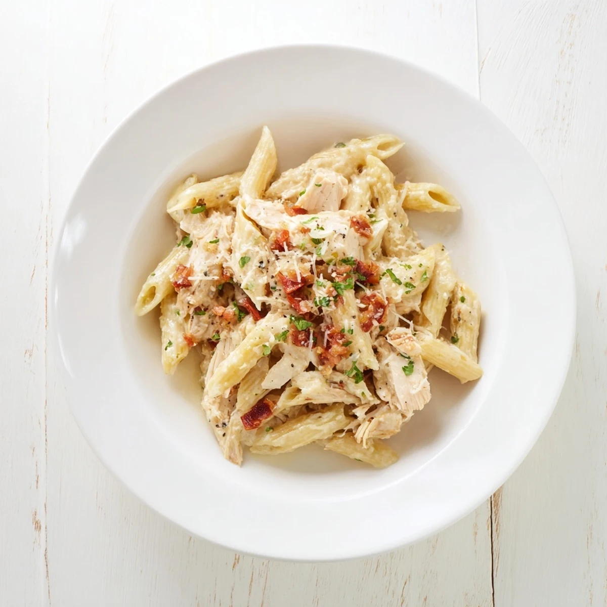A close-up of Tinis Creamy Chicken Pasta, with a silky sauce coating tender pasta and chicken.