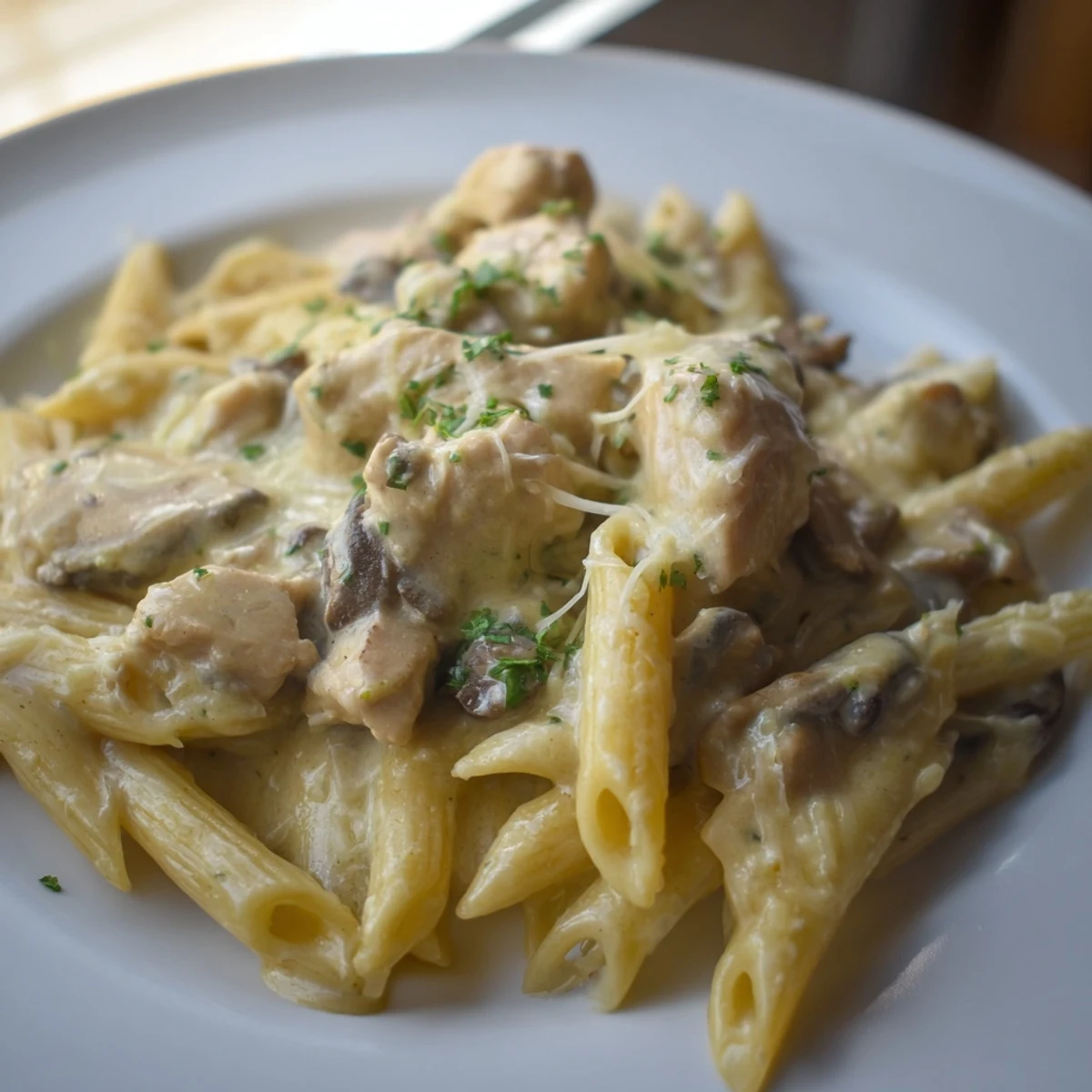 Warm, creamy Tinis Creamy Chicken Pasta, garnished with fresh parsley and extra Parmesan, ready to eat.