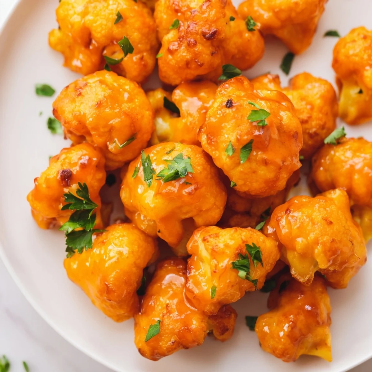 Crispy Sriracha-Buffalo Cauliflower Bites are glistening red, tossed in savory sauce, ready to eat.