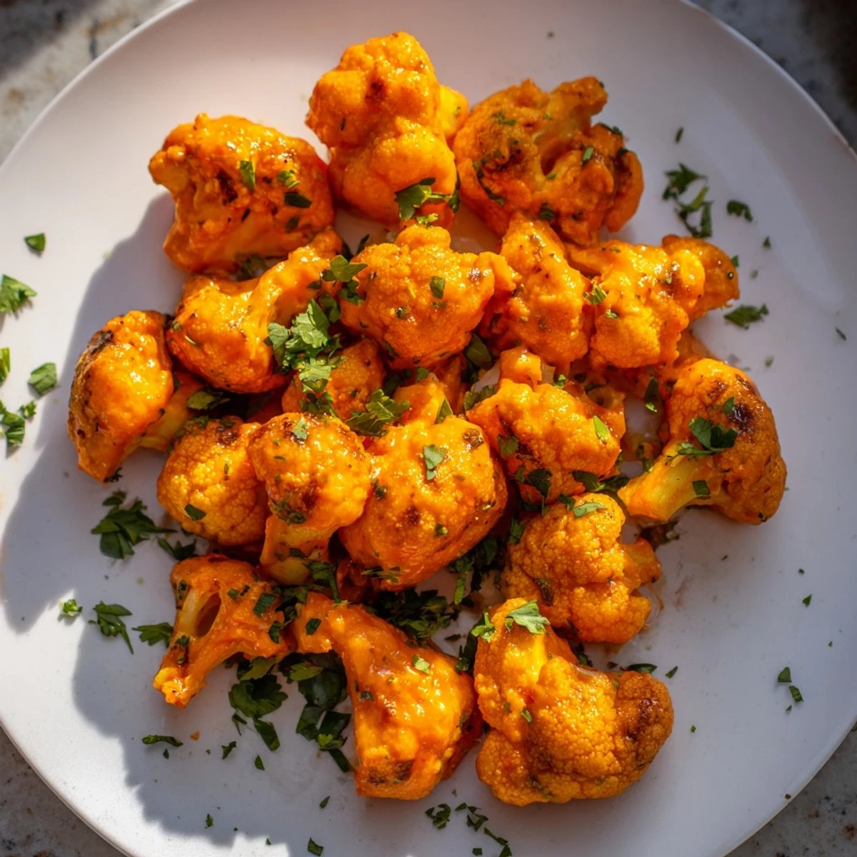 Golden-brown Sriracha-Buffalo Cauliflower Bites piled high, showing off their spicy and saucy coating.