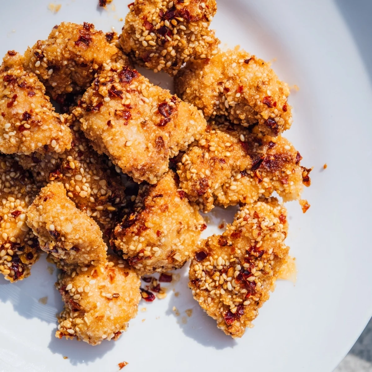Golden, crispy Spicy Yogurt Chicken Bites ready to serve, a delicious appetizer with a beautiful texture.