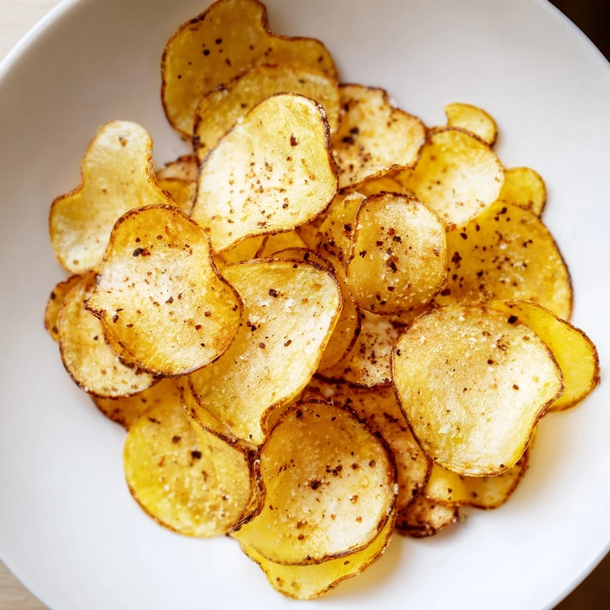 Golden, crispy homemade air-fryer potato chips, seasoned and ready for dipping, a perfect snack.