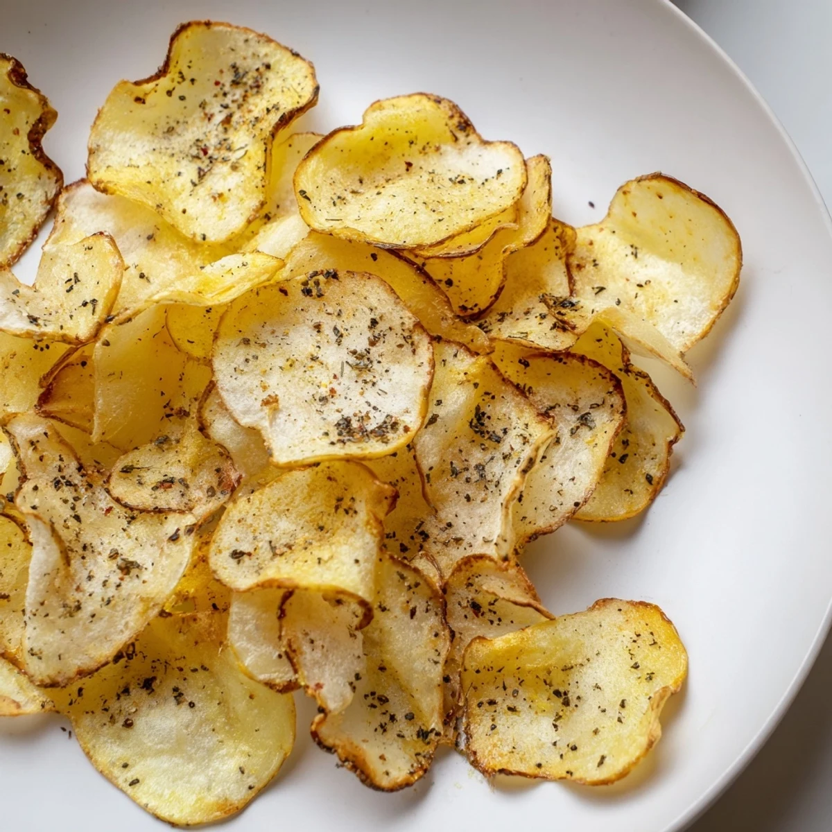 Freshly cooked air-fryer potato chips, thinly sliced and perfectly golden, offering a satisfying crunch.