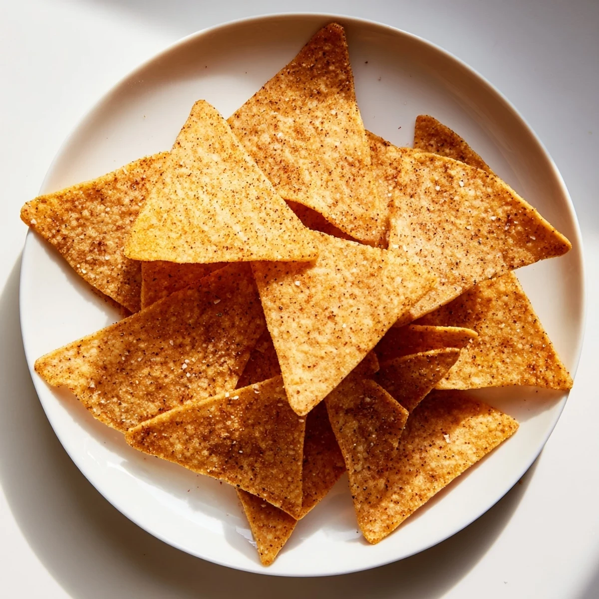Golden, crispy homemade Air-Fryer Tortilla Chips, perfect for scooping up fresh salsa at snack time.