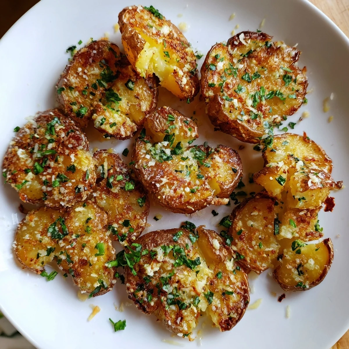 Golden-brown Parmesan smashed potatoes: a crispy, savory side with garlic and herbs.  