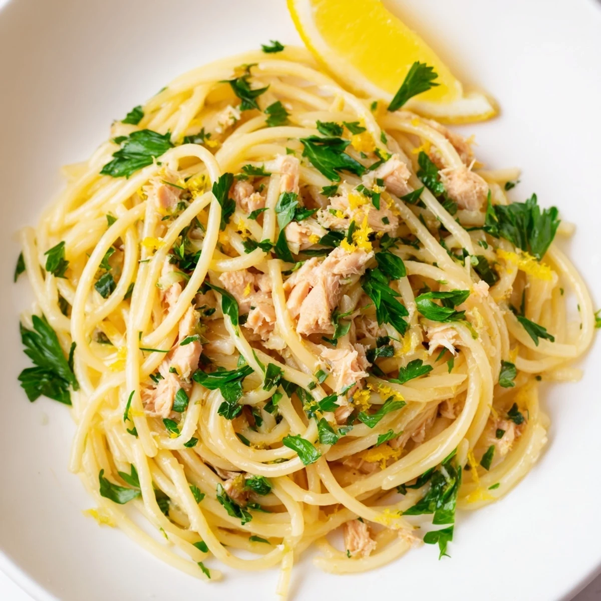 Flaky tuna, garlic, and bright lemon flavor this delicious Lemon-Garlic Tuna Spaghetti.