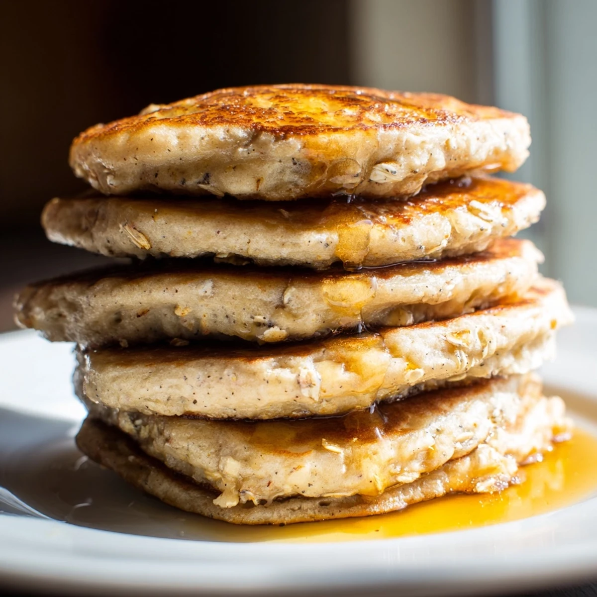 Golden-brown banana oat pancakes stacked high, ready for a healthy and delicious breakfast.