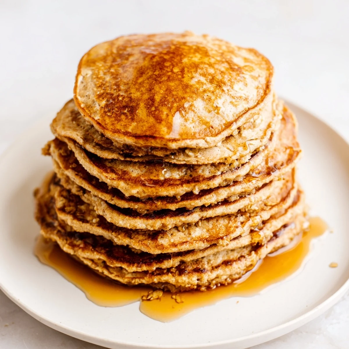 A stack of fluffy banana oat pancakes, perfect for a dairy-free breakfast with fresh fruit.