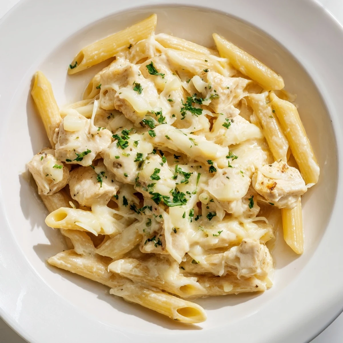 Golden, bubbly Chicken Alfredo Bake fresh from the oven, offering a hearty, cheesy aroma.