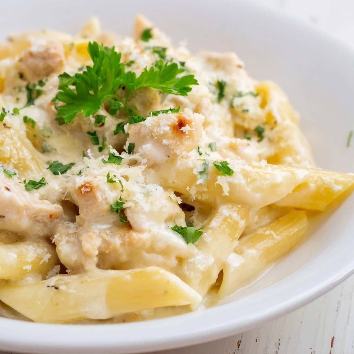 A close-up shot of creamy Chicken Alfredo Bake, featuring tender chicken and perfectly melted mozzarella.