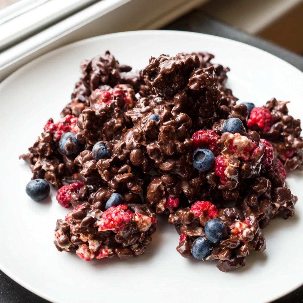 Frozen chocolate yogurt clusters, studded with berries and dipped in glistening dark chocolate, ready to enjoy.