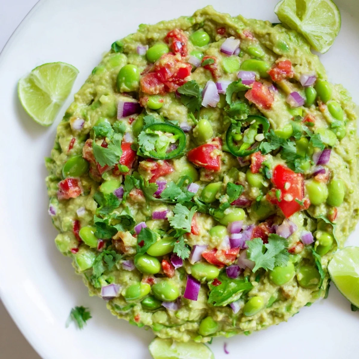 Creamy, vibrant Edamame Guacamole, speckled with red onion, cilantro, and served perfectly with chips.