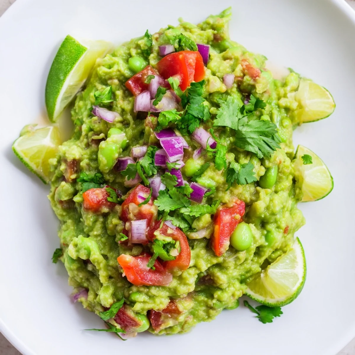 Fresh, homemade Edamame Guacamole: a bright green dip, hinting at jalapeño spice, ready to serve.