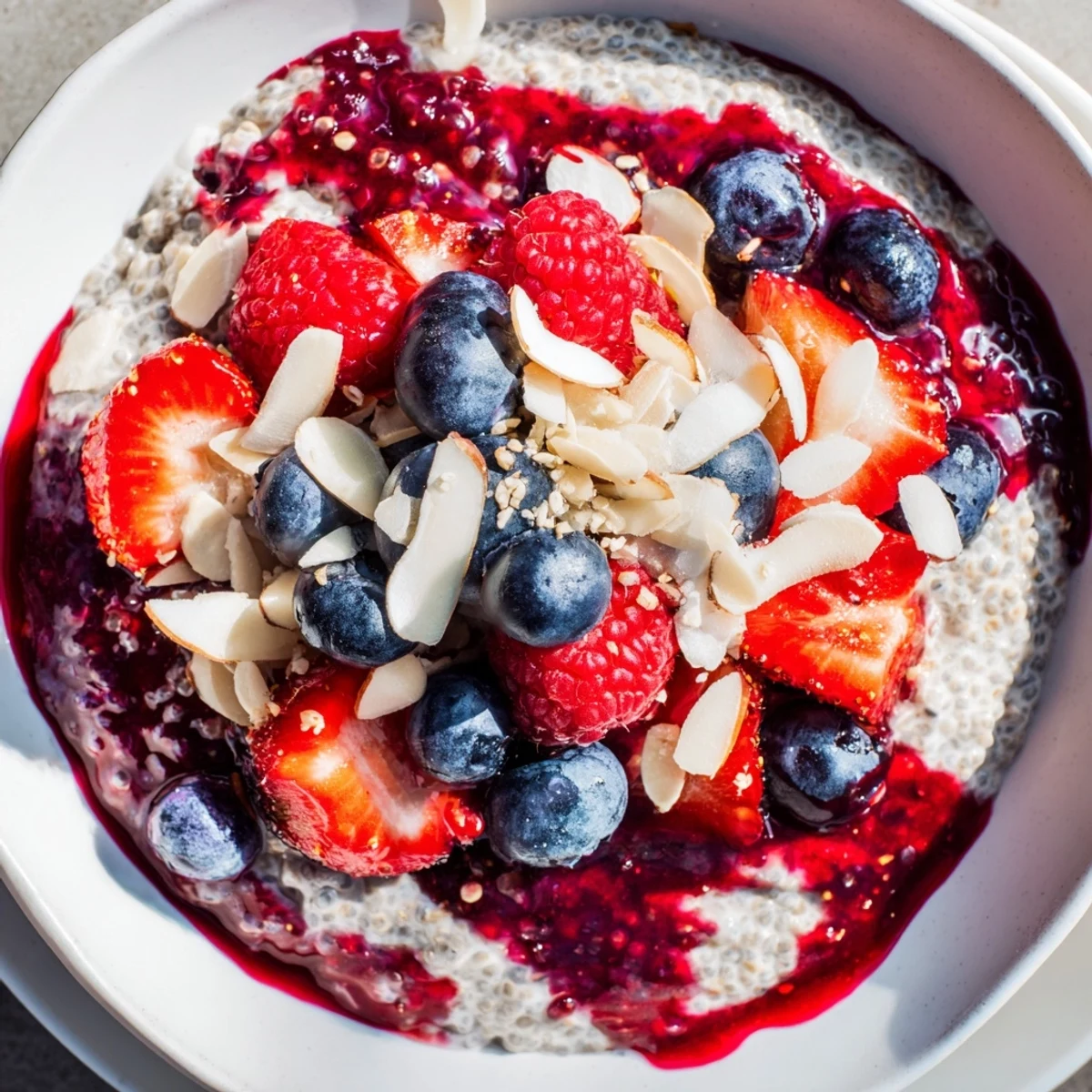Luscious berry chia pudding, beautifully layered with fresh berries and coconut flakes, ready to enjoy.