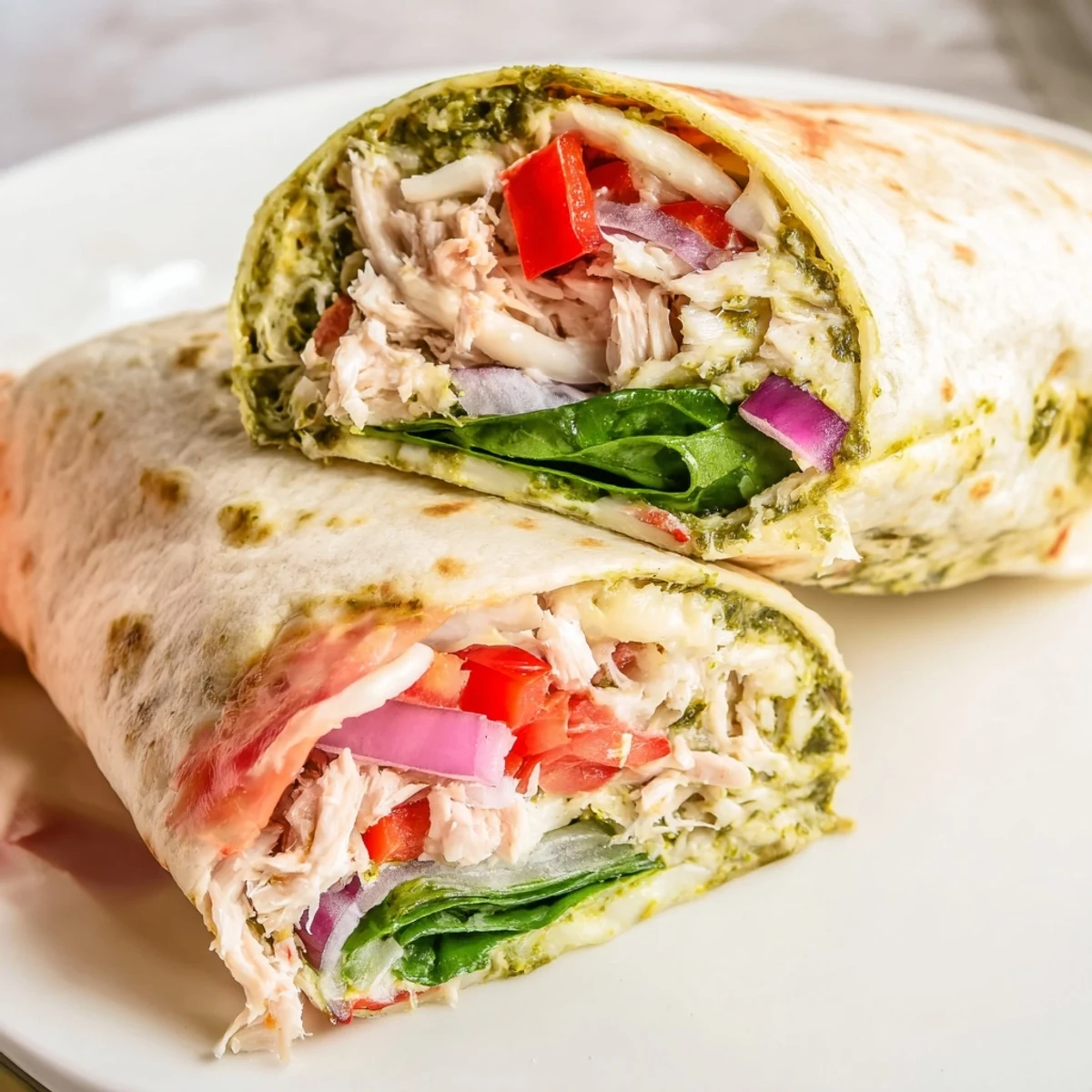 Warm, savory pesto chicken wrap, filled with vibrant veggies, perfect for a quick lunch.
