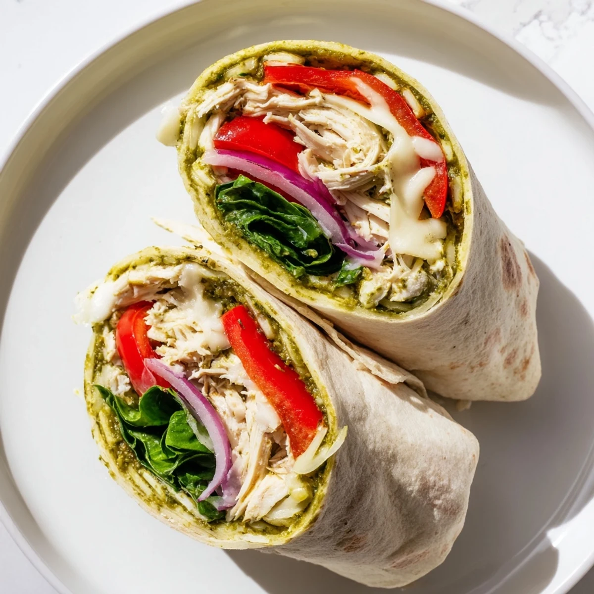 Freshly assembled pesto chicken wrap, featuring juicy chicken and melted cheese, ready to eat.