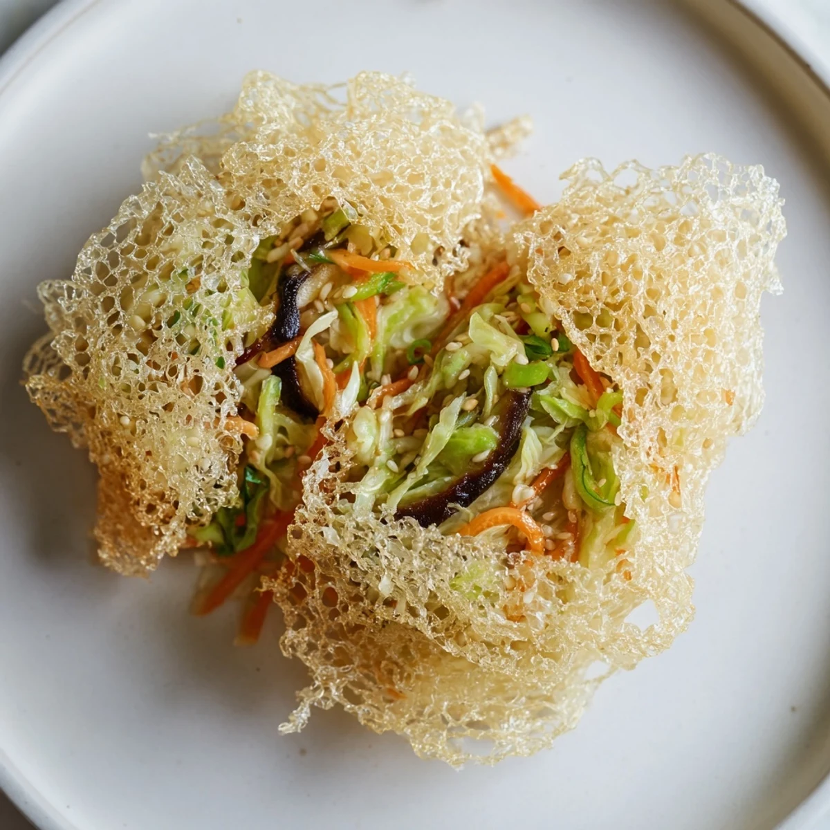 Golden crispy rice paper dumplings, boasting a delicious, savory veggie filling and ready to serve.
