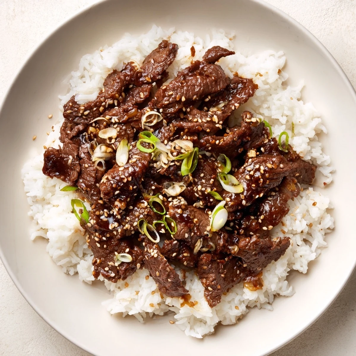 Bulgogi beef bowl with glistening marinated beef, vibrant vegetables, and fluffy white rice, ready to eat.