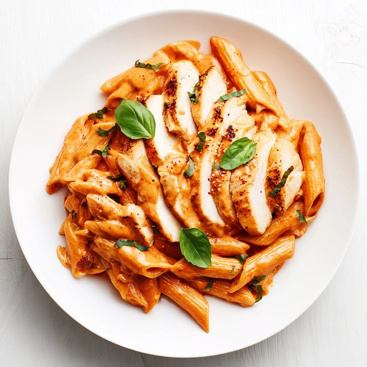 Creamy Tomato Basil Chicken Pasta, a vibrant dish of pasta, chicken, and basil in a rich sauce.