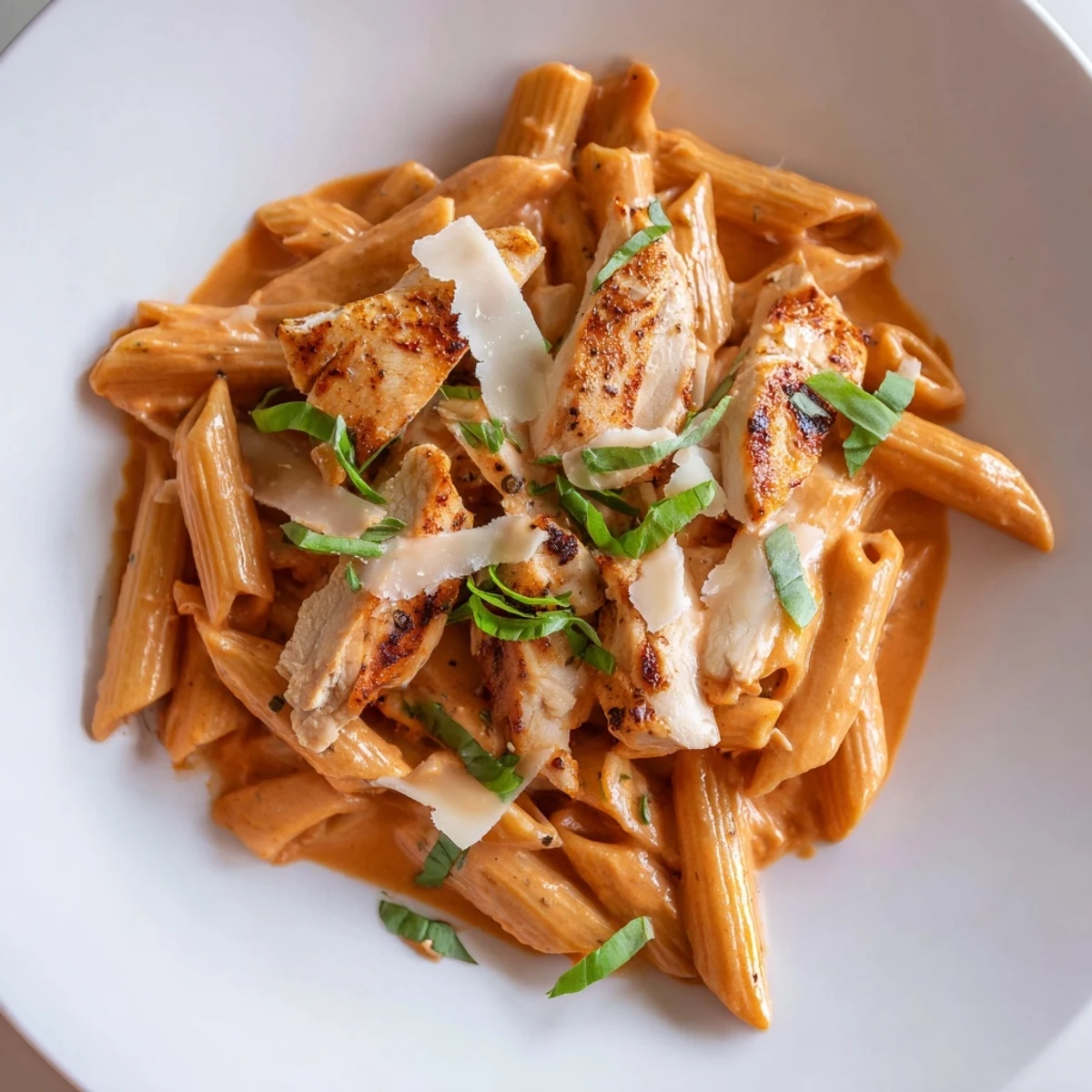 This Creamy Tomato Basil Chicken Pasta showcases tender chicken and penne coated in a creamy tomato sauce.
