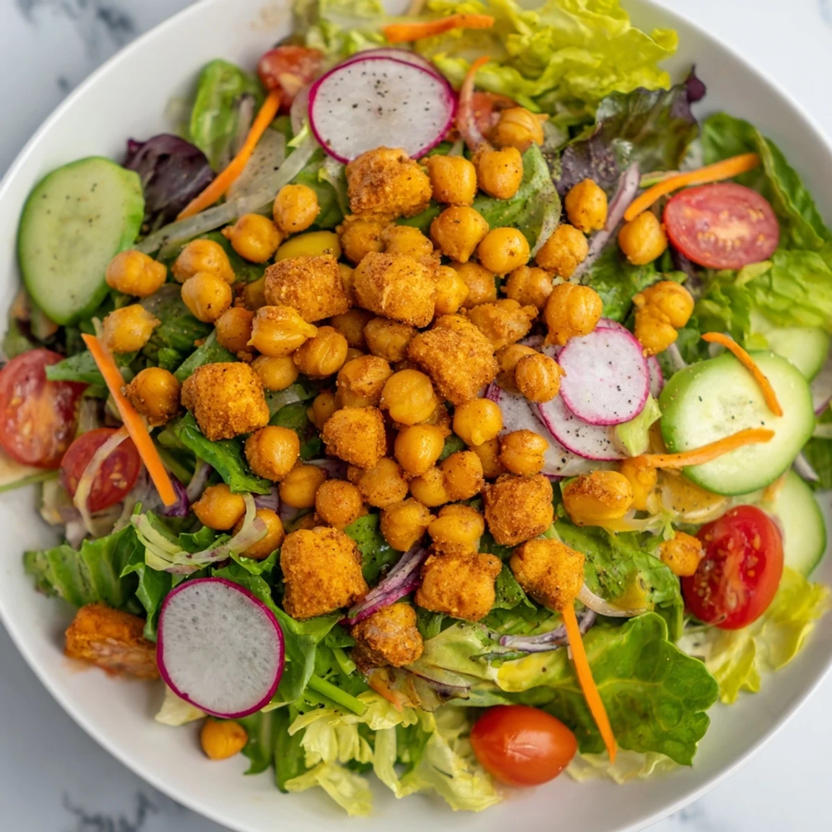 Golden, crunchy chickpea croutons top this healthy mixed greens salad for a satisfying crunch.