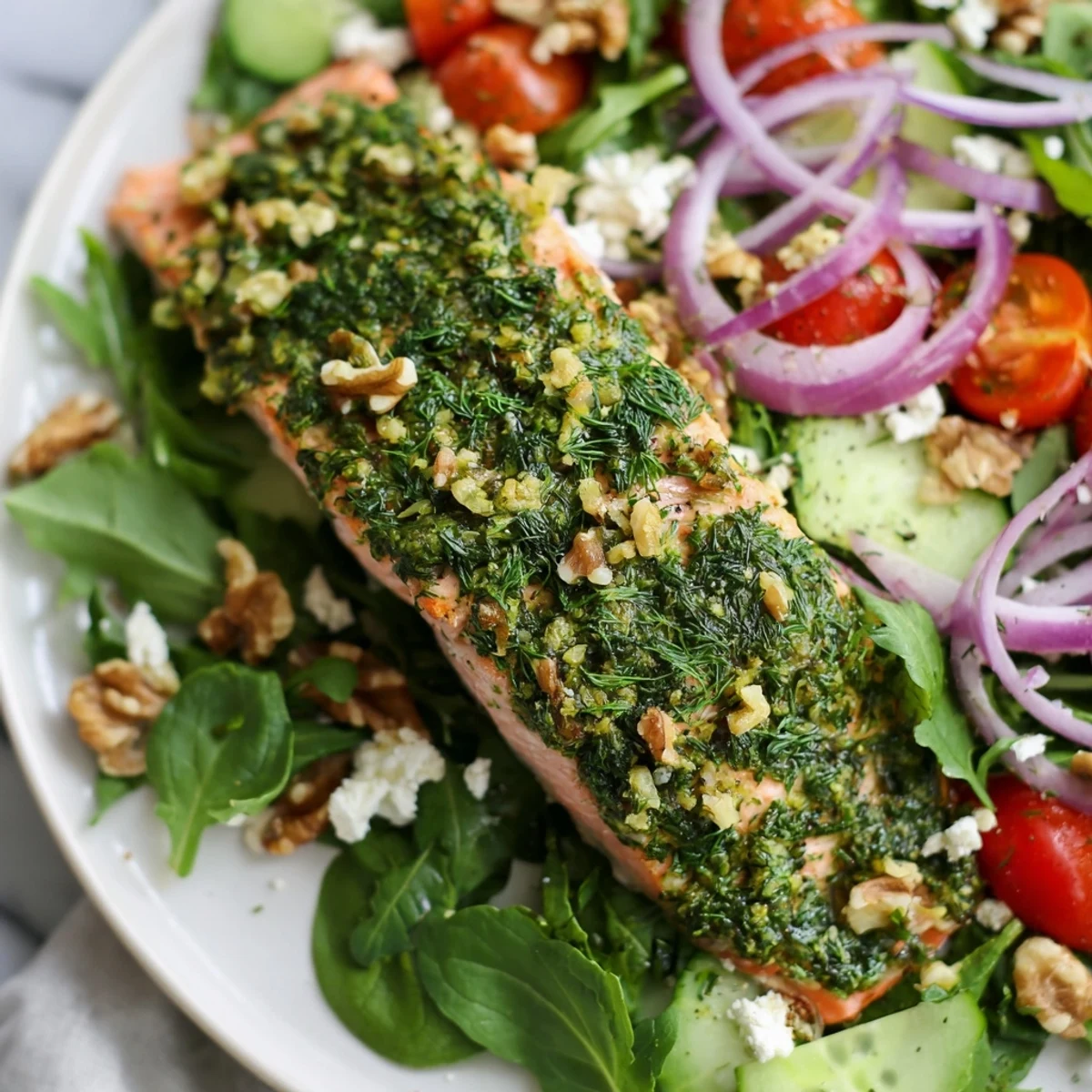 Warm, flaky herb-crusted salmon salad rests on a bed of fresh greens, drizzled with vinaigrette.