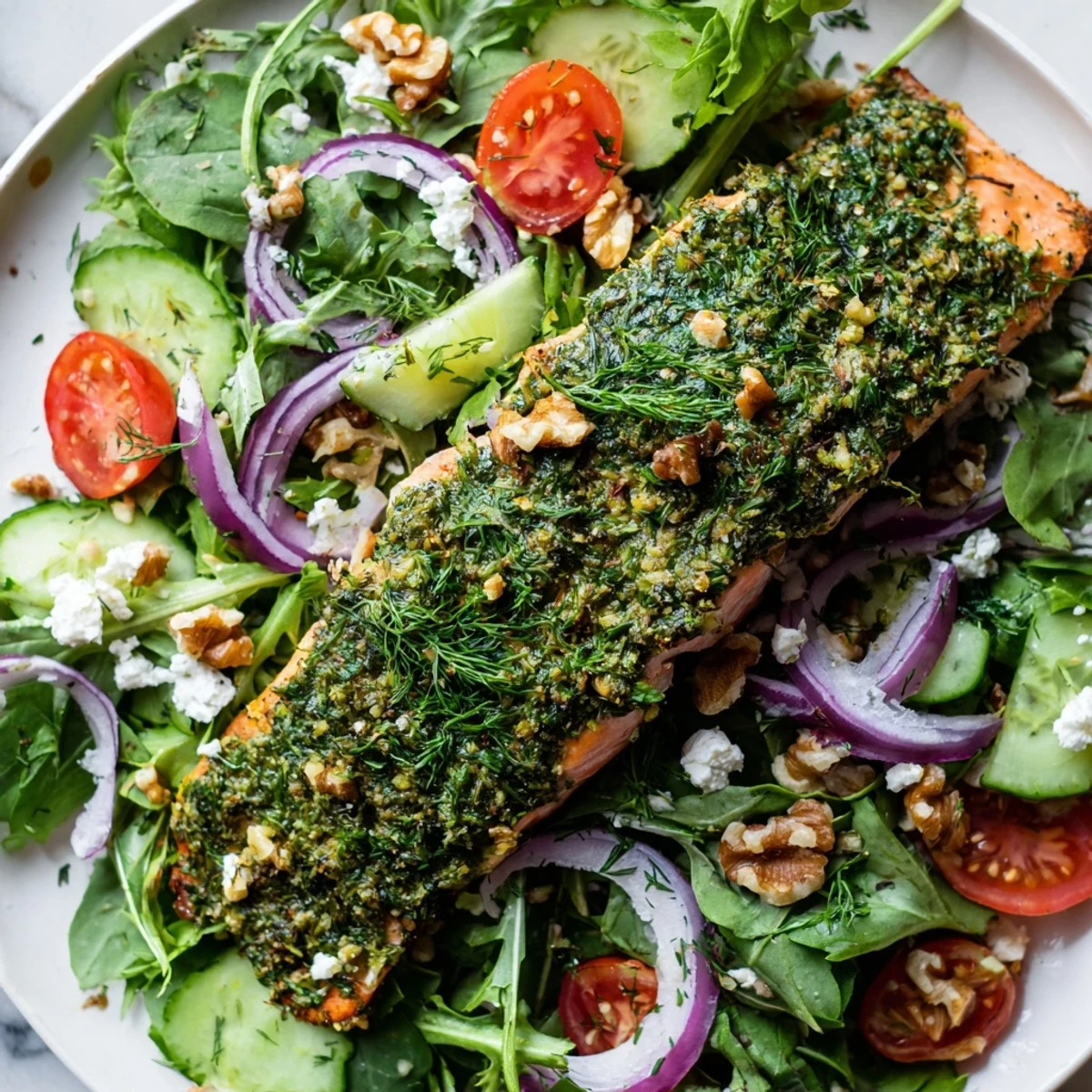 Delicious herb-crusted salmon salad, showcasing cooked salmon atop a bed of mixed salad and dressing.