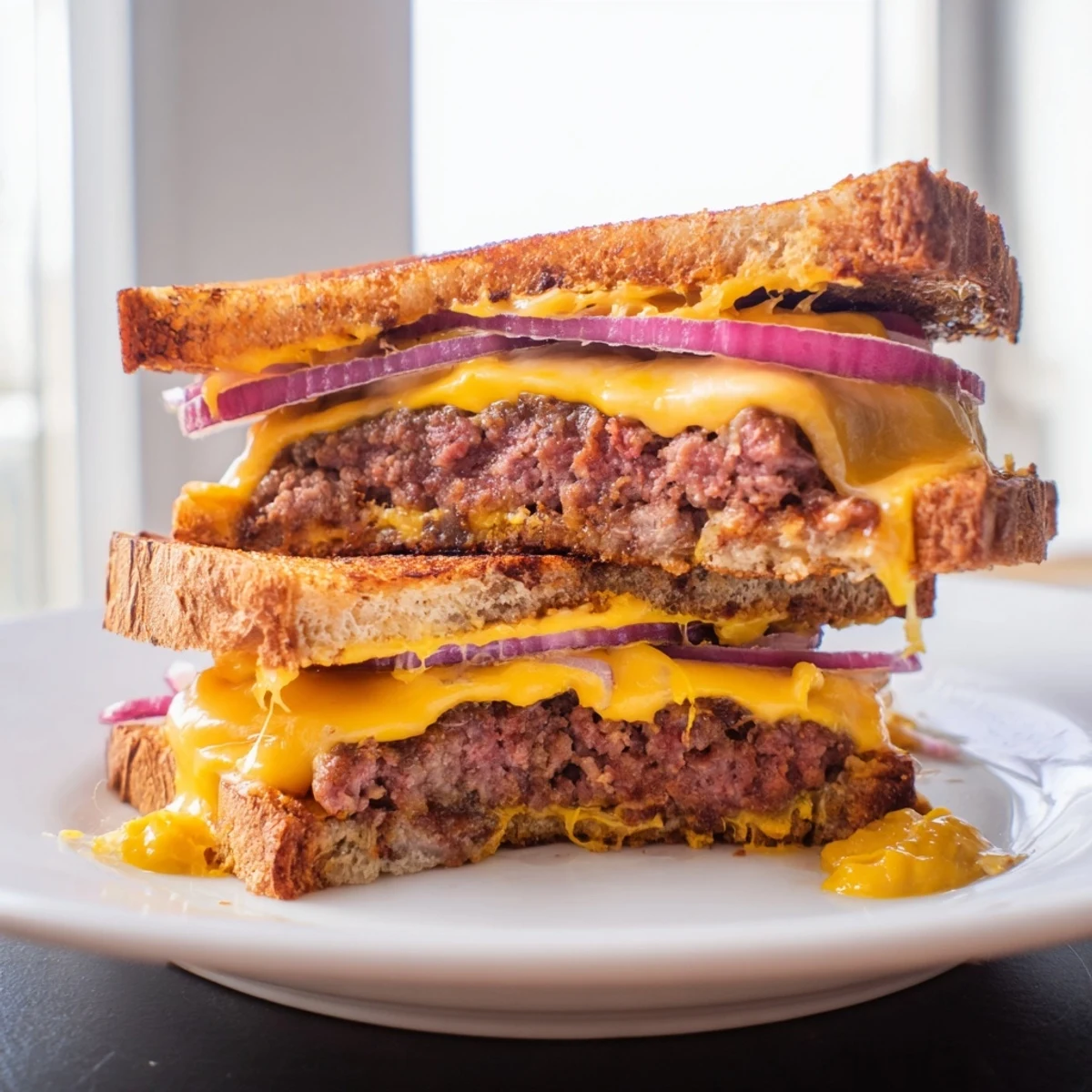 A close-up shot of a Smashed Burger Grilled Cheese with layers of melty cheese and juicy burger.