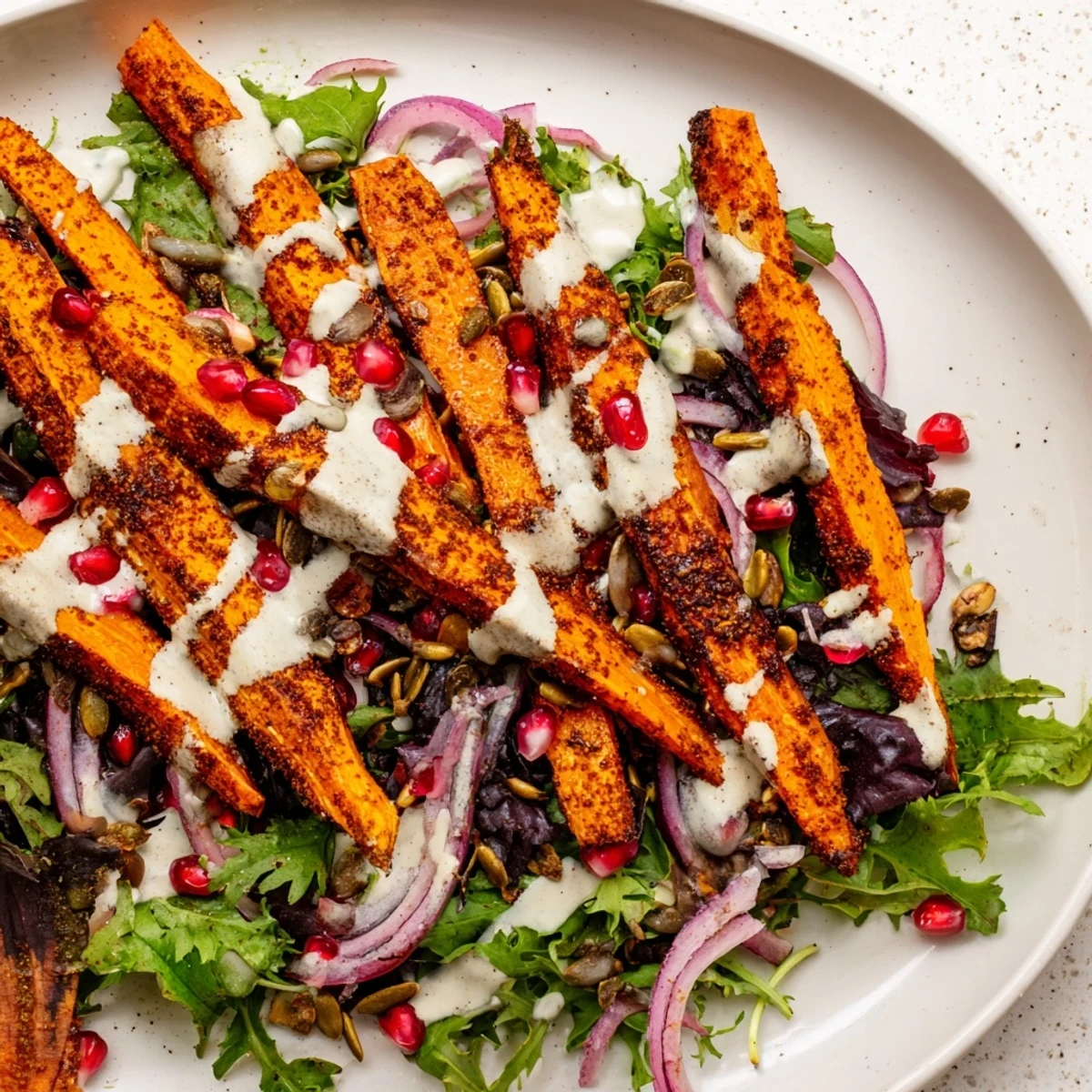 A colorful Roasted Carrot Salad, featuring tender carrots and creamy tahini-lemon dressing, ready to enjoy.