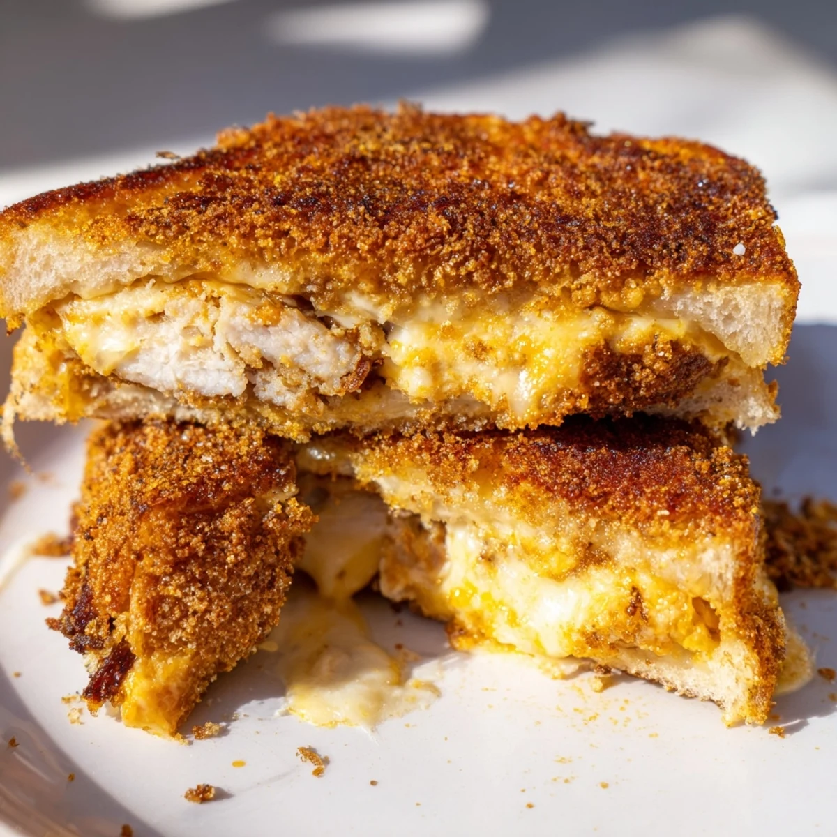 Melted cheese surrounds the perfectly cooked Crispy Parmesan Chicken Thighs in this hearty grilled cheese.