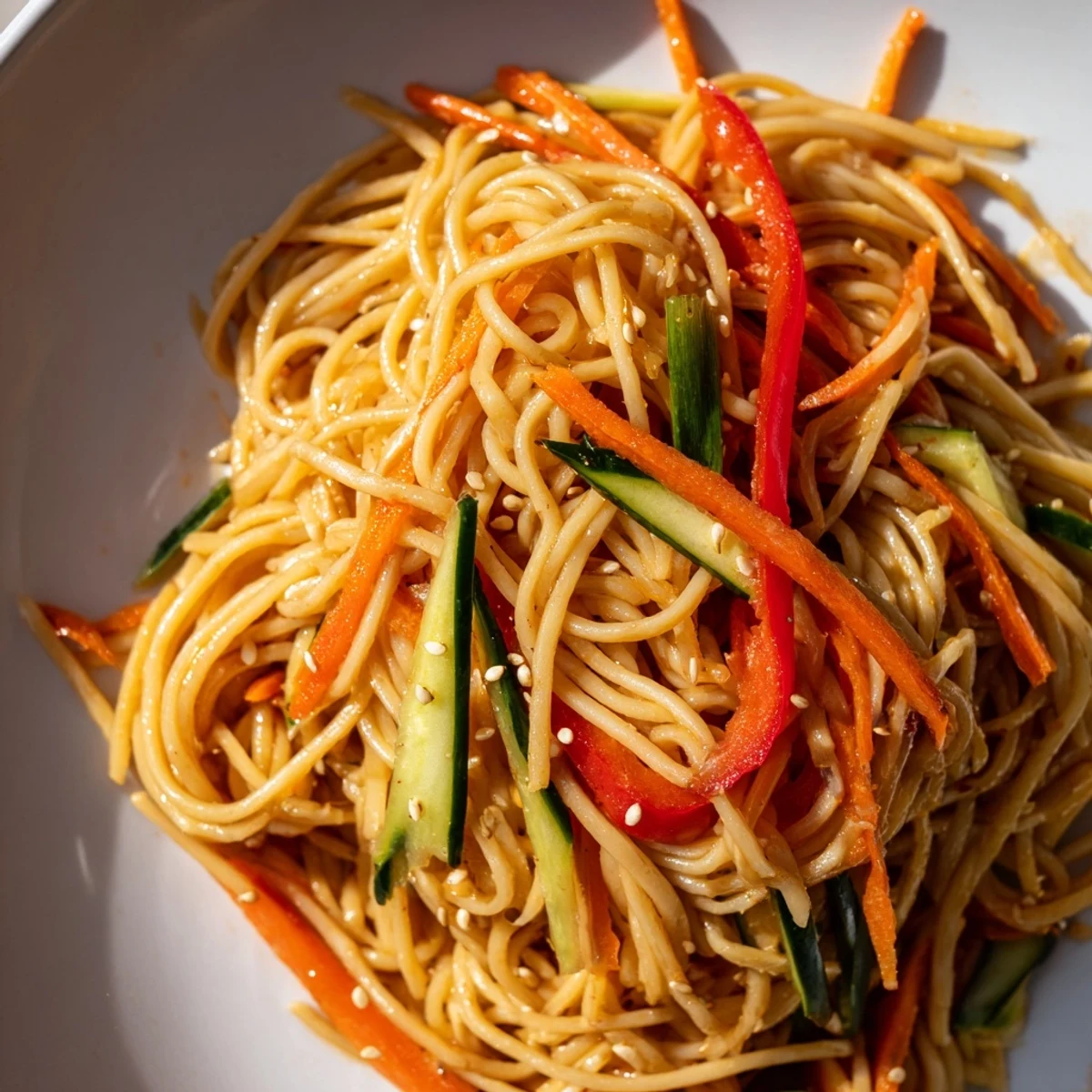 Bright and flavorful Garlic Noodle Salad with glistening noodles and crisp vegetables ready to serve.