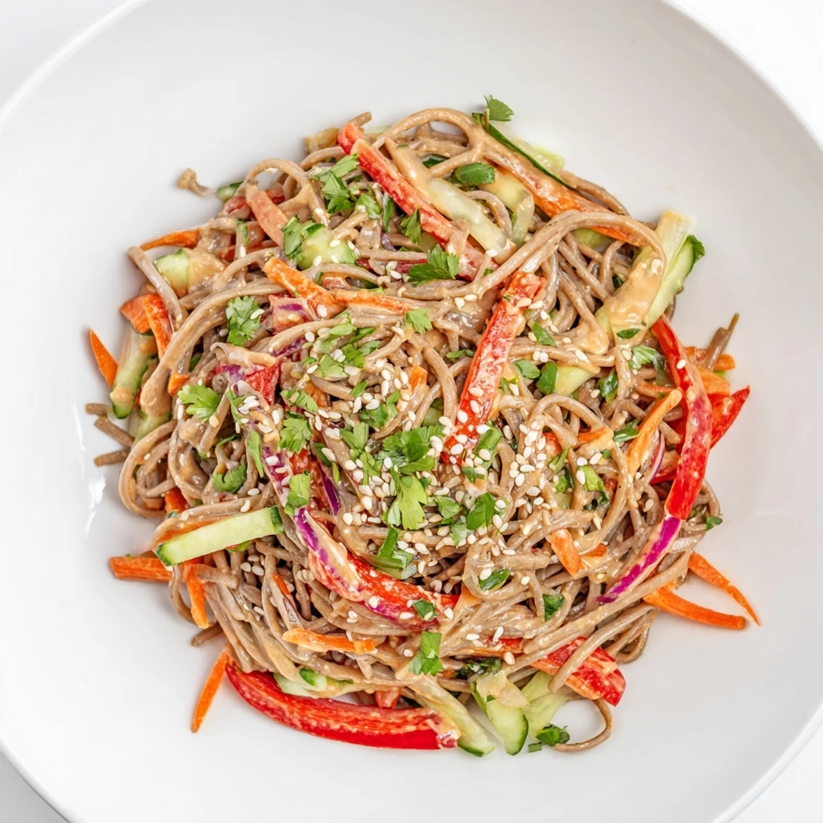 Cold and refreshing soba noodle salad tossed with colorful veggies and creamy peanut dressing.