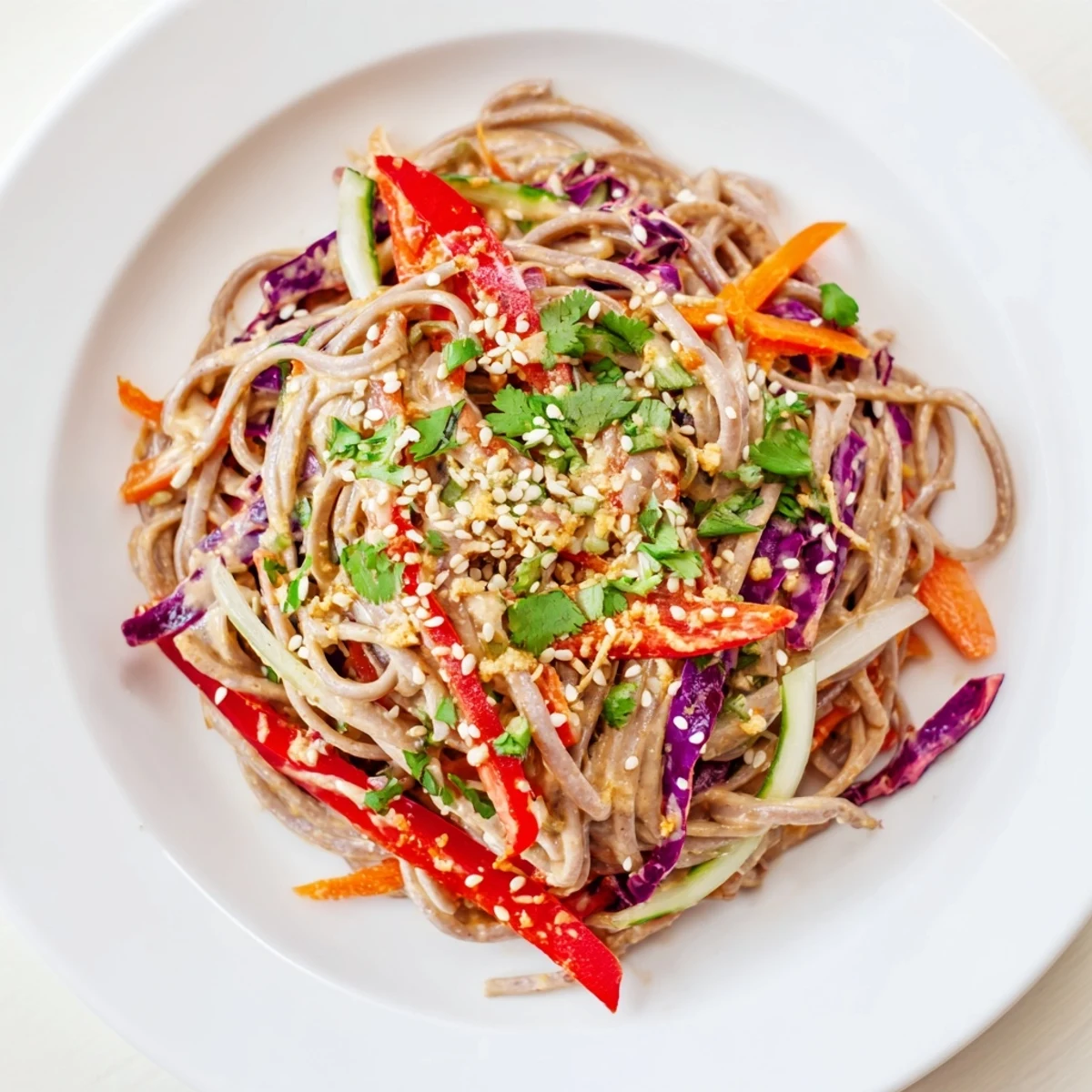 A bowl of delicious soba noodle salad, perfect for a light vegetarian lunch or side.