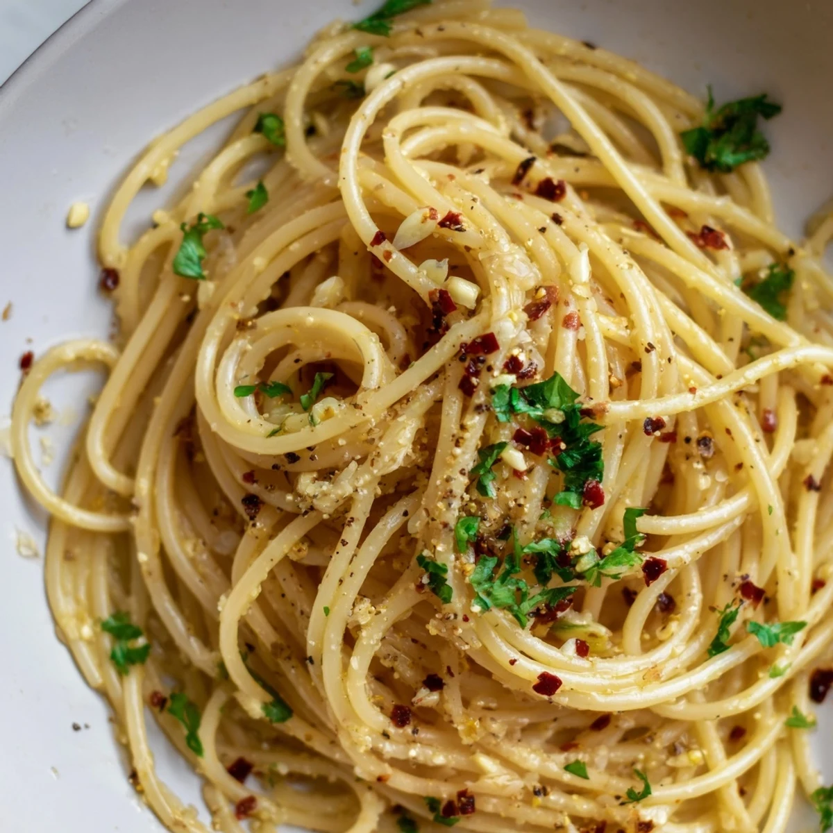 Steaming bowl of Aglio e Olio Express Pasta with bright green parsley, a quick and delicious weeknight dinner.
