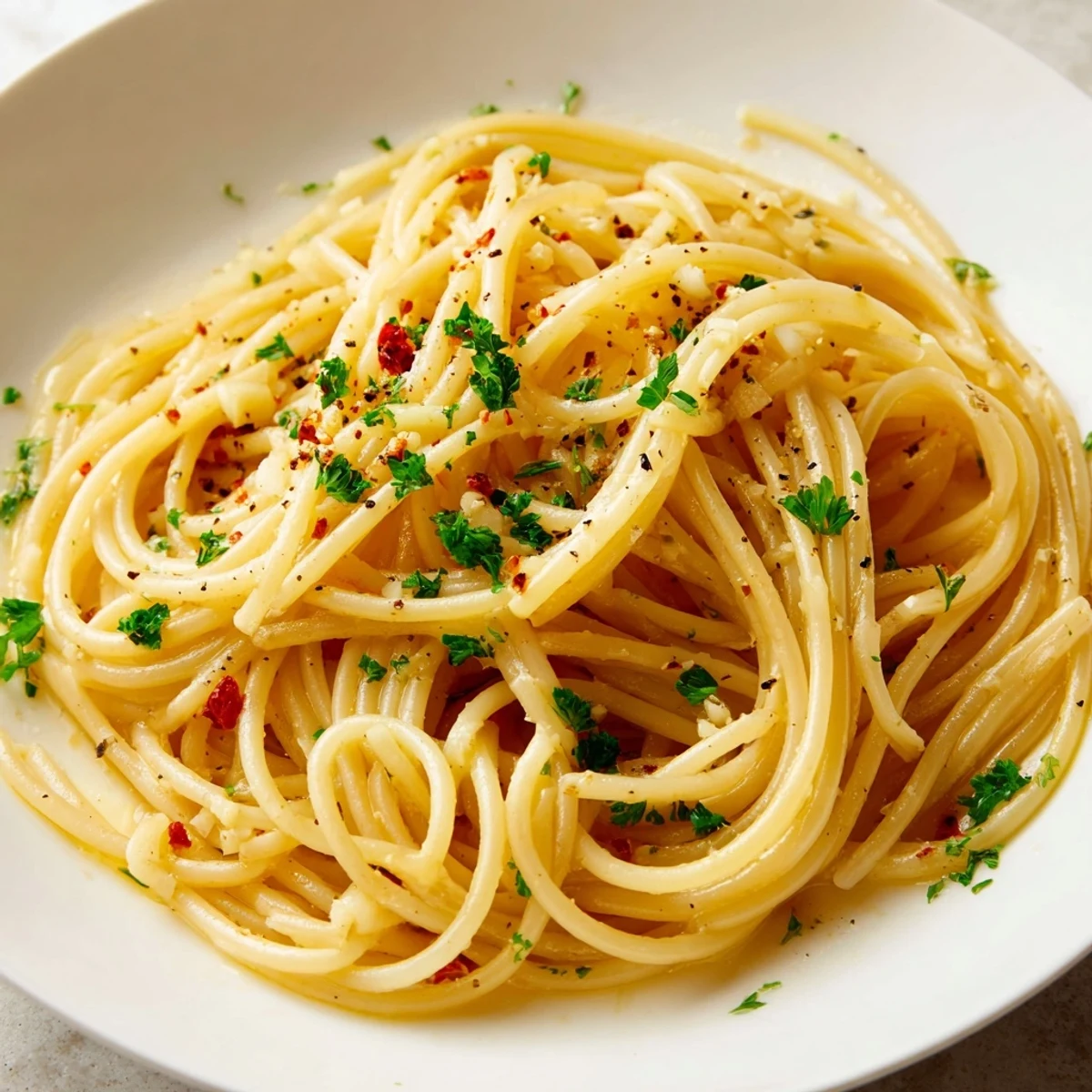 Close-up of golden Aglio e Olio Express Pasta, glistening olive oil coating spaghetti noodles, ready to eat.